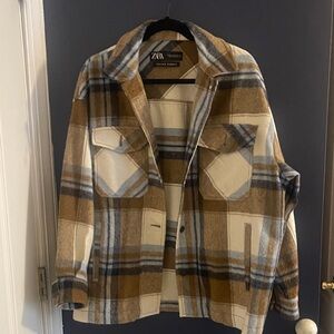 Zara Men's Tan and Blue Plaid Shirt Jacket